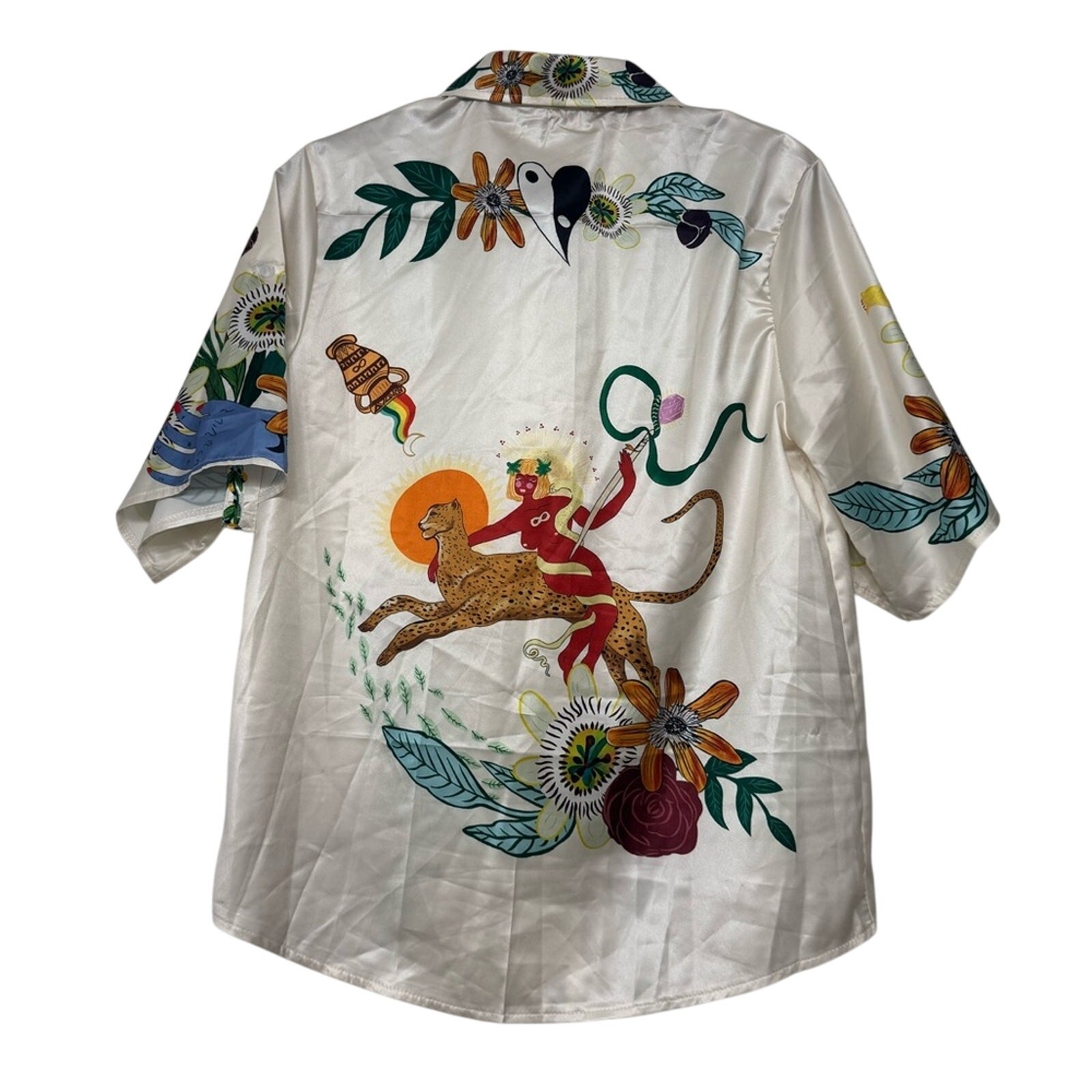Womens Art Shirt Surreal Print Button-Up Cheetah Rider Snake Yin Yang Size Small