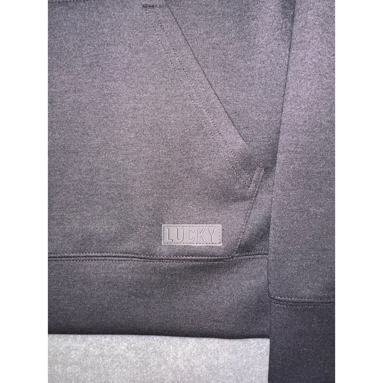 Lucky Brand Mens Black Pullover Hoodie Sweatshirt Size M Logo Patch Drawstring