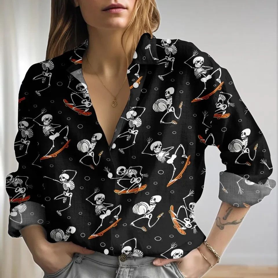 Funny Skeleton Dancing Shirt Halloween Party Spooky Gift Women