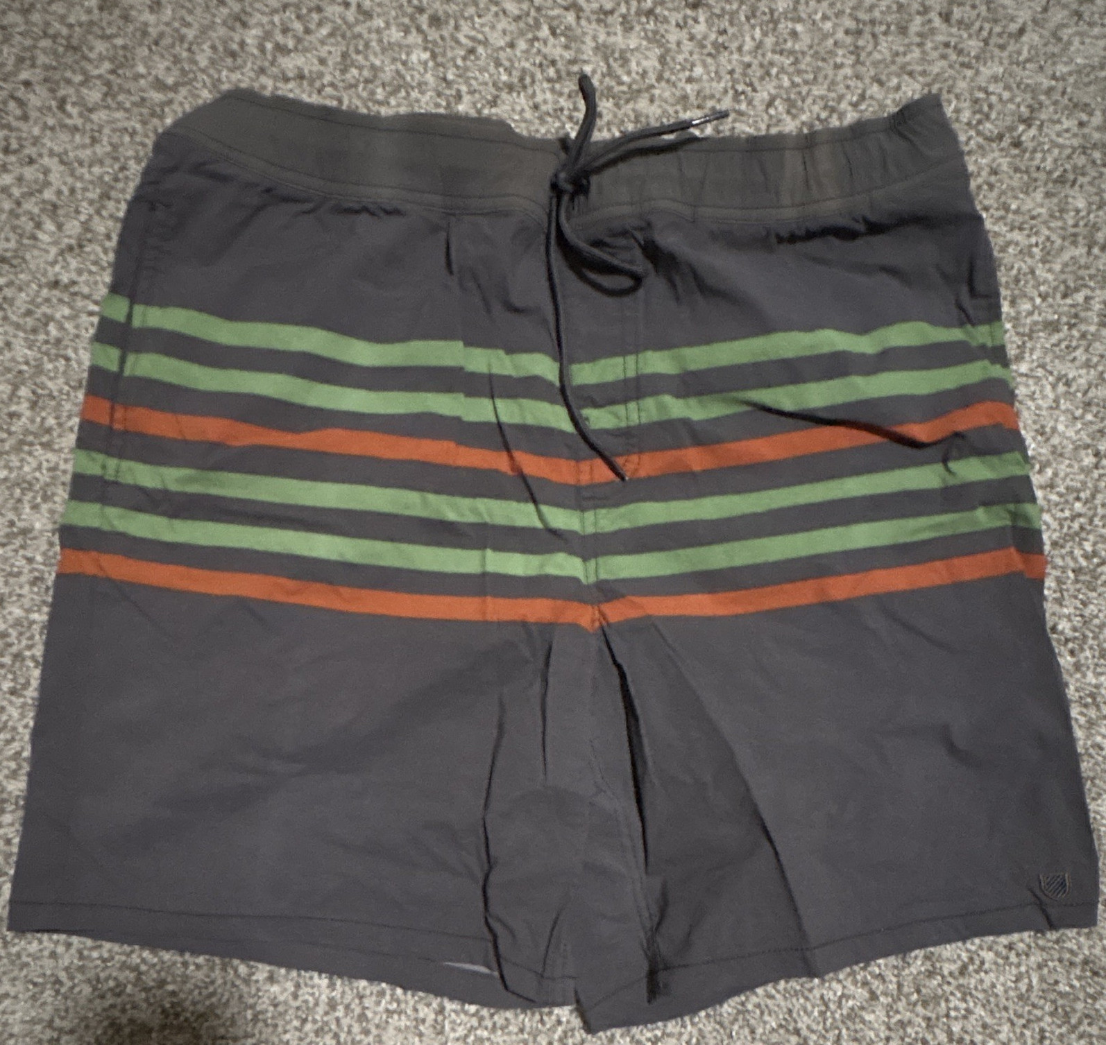 Brixton Men’s Gray Striped Swim Shorts M Drawstring Pockets Green Orange