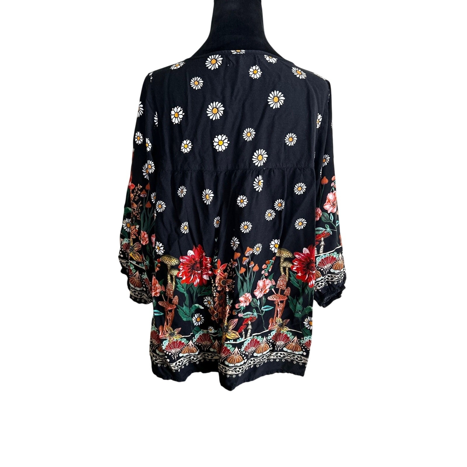 Natural Life Blouse Womens Large Black Floral Boho Peasant Top Long Sleeve