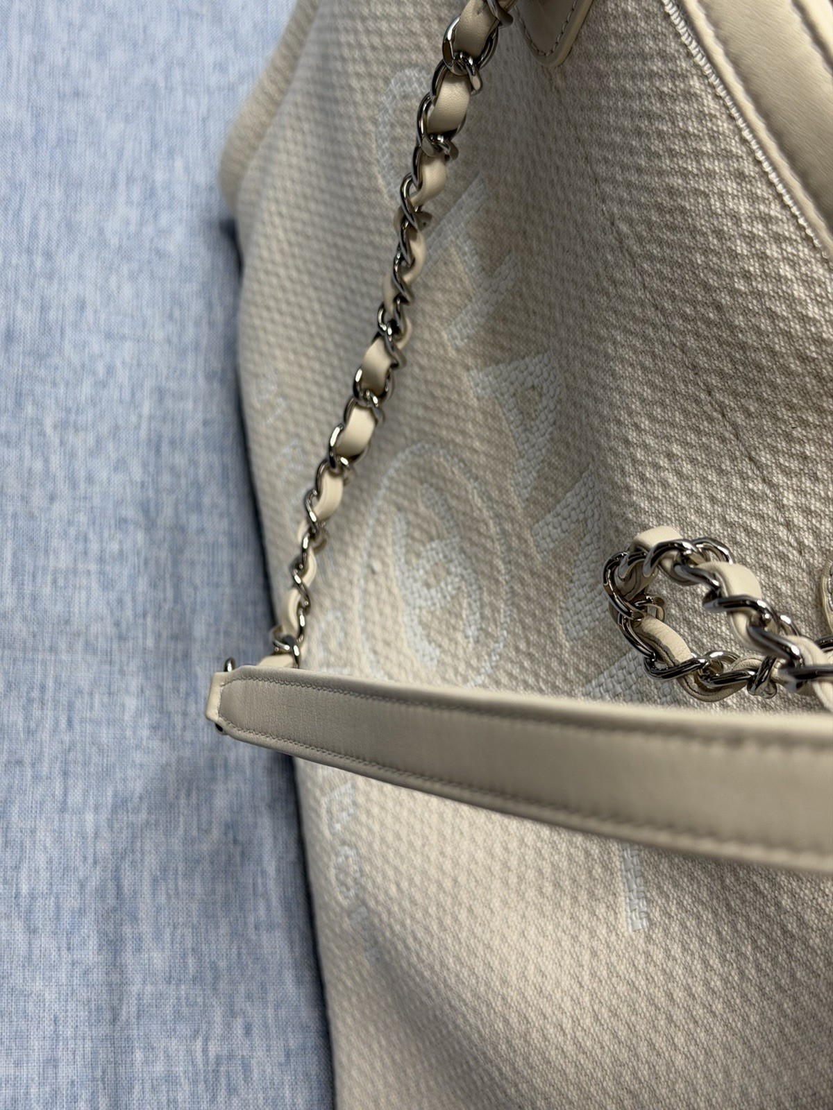Chanel Deauville MM Tote Bag With Pouch Chain Tweed Material White