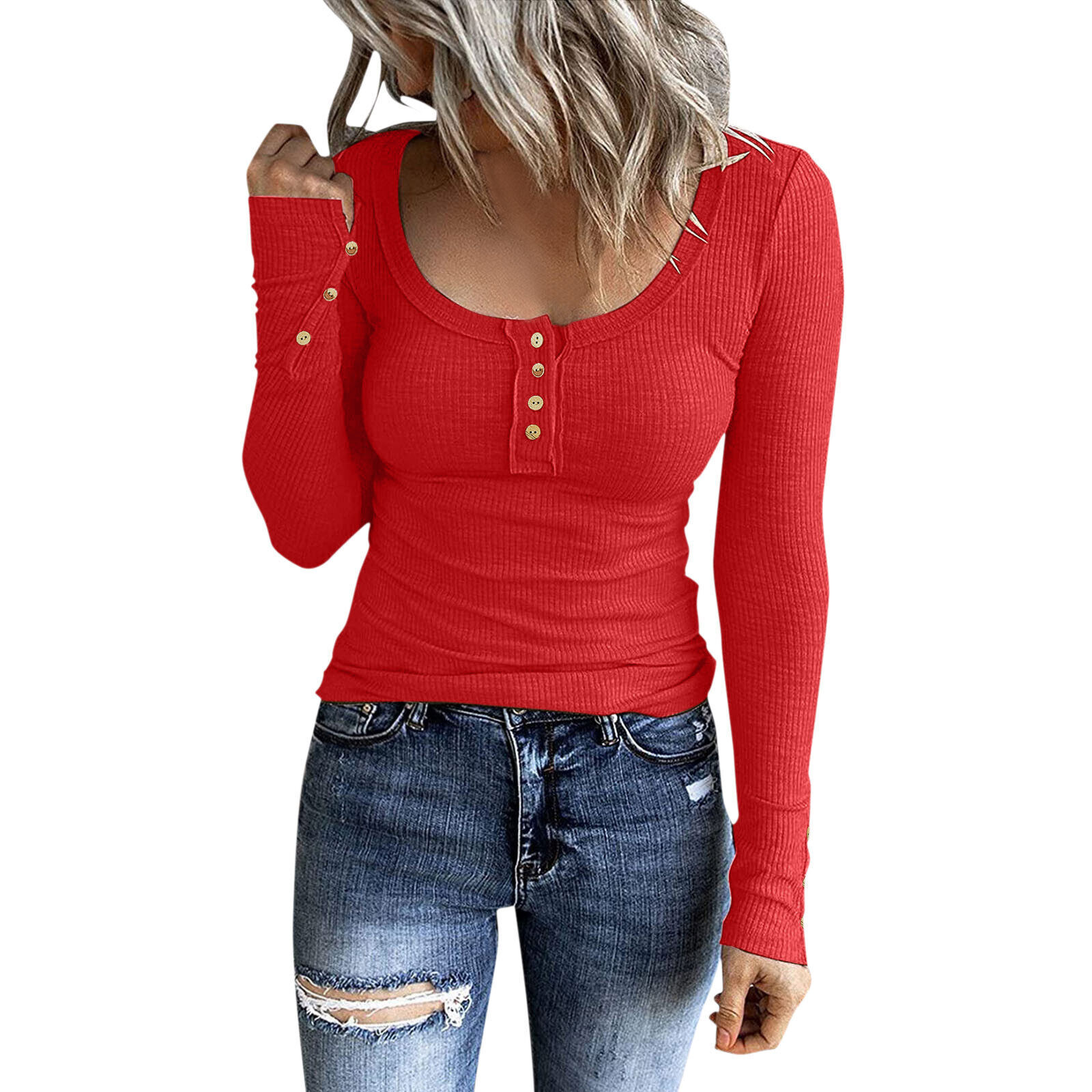 Lady Long Sleeve Henley T Shirt Button Slim Fit Top Scoop Neck Ribbed Knit Shirt