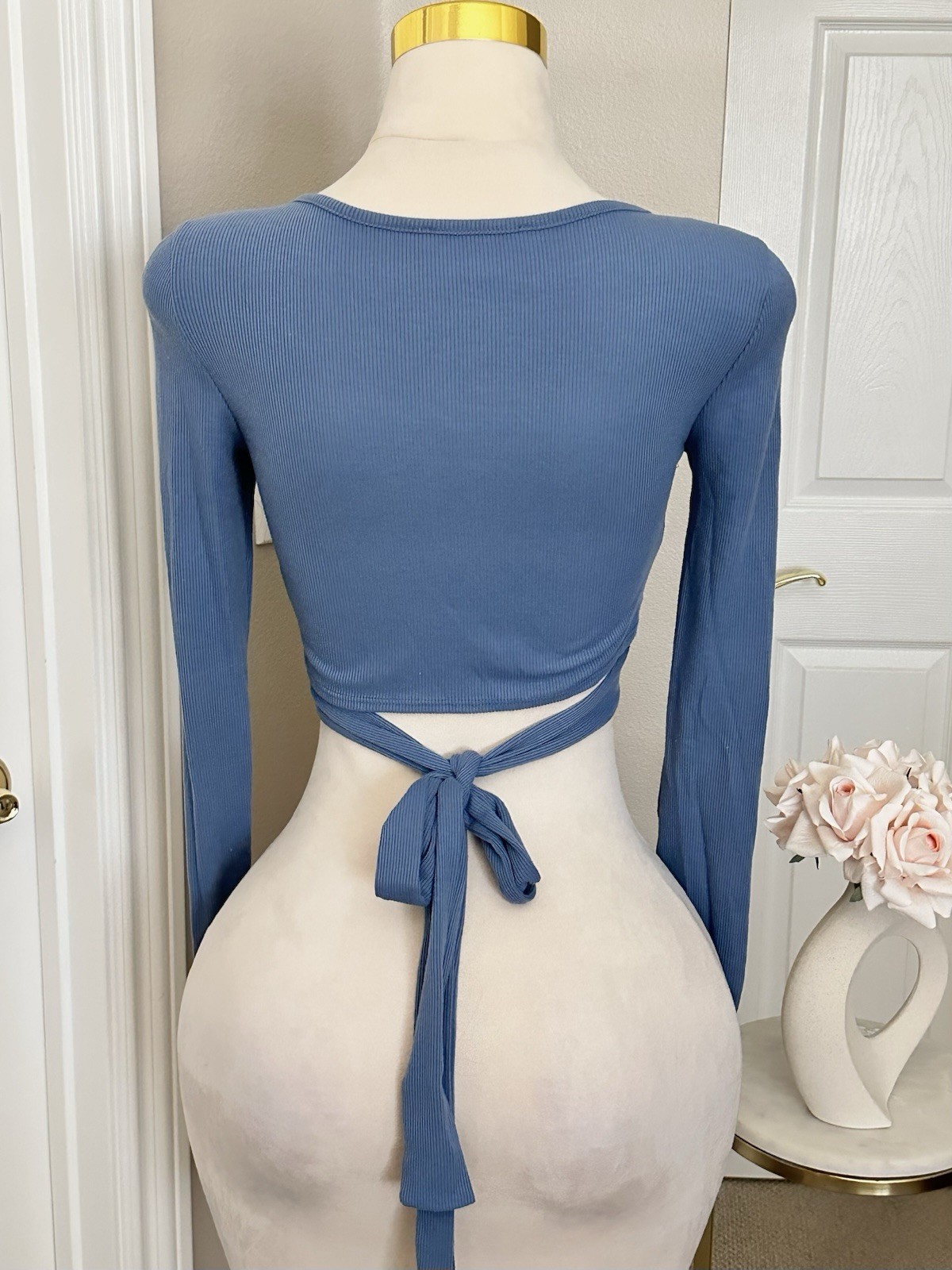 Love Tree Blue Ribbed Long Sleeve Crop Top w/ Snap-Button Front & Wrap Tie Sz S