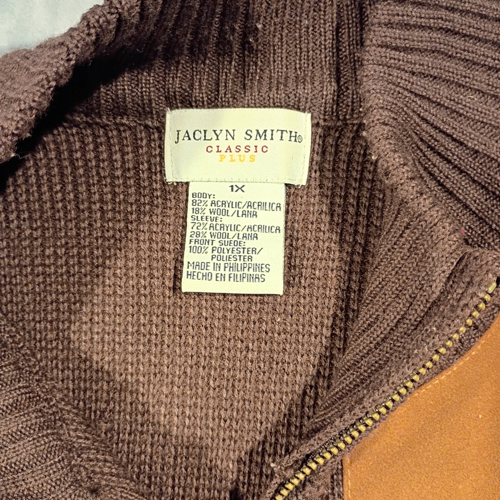 Jaclyn Smith Classic Plus Brown Faux Suede Front Zip Wool Blend Sweater 1X
