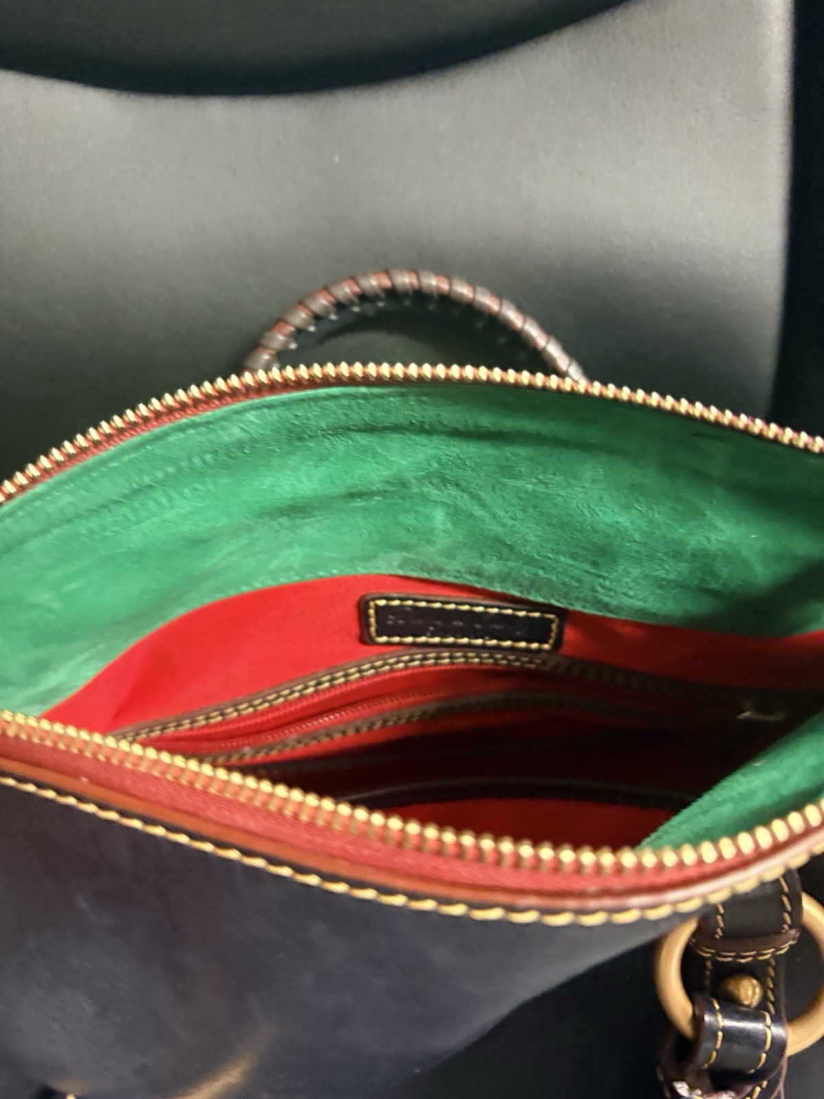 Navy Medium Satchel Top Handle Zip Tassel Green Lining Gold Hardware Strap