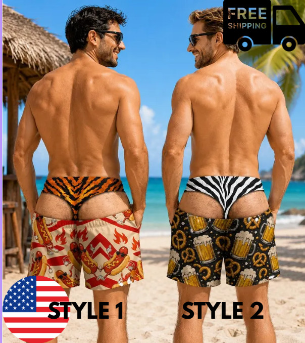 Custom Funny Men Swim Trunks, Personalized BBQ Beer Swim Trunk, Bathing Suit, Ga