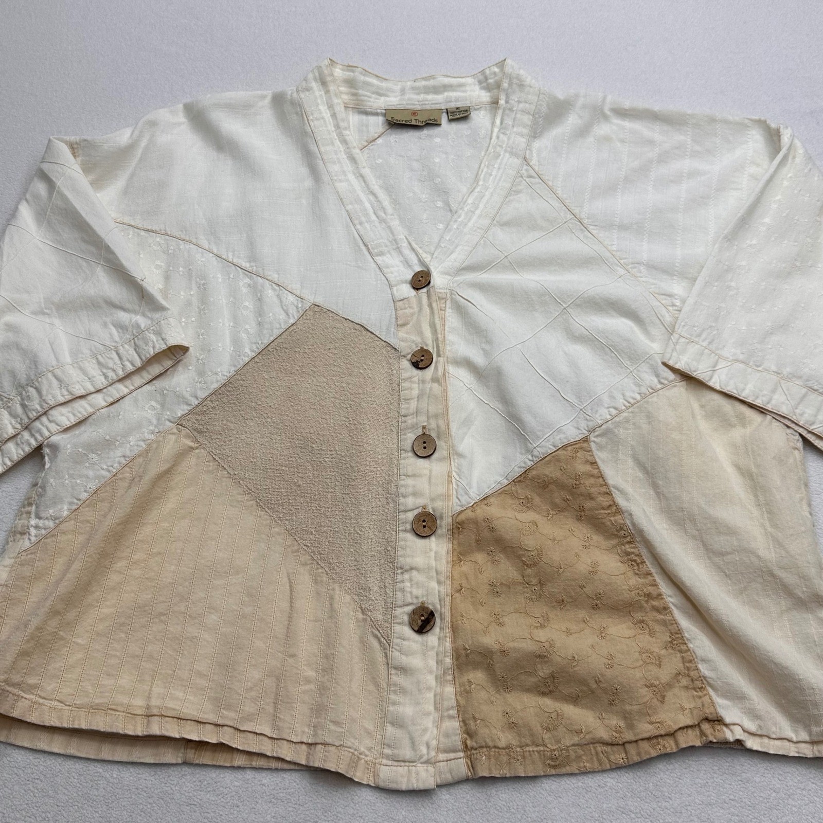 Sacred Threads Womens XL Patchwork Cotton Boho Summer Blouse Cream Tan Eyelet