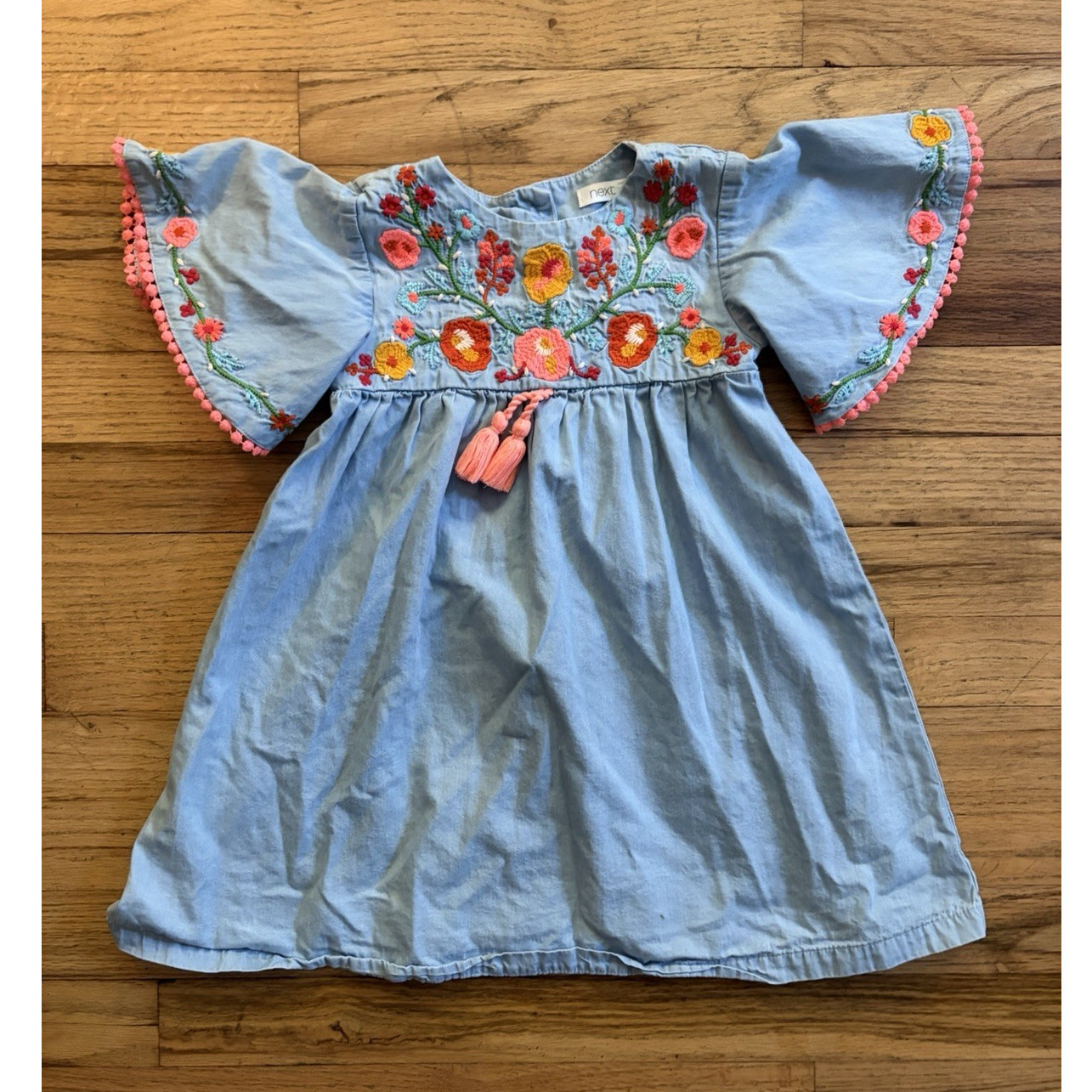 Next Girls 4 Years Blue Denim Floral Embroidered Fit & Flare Flutter Dress