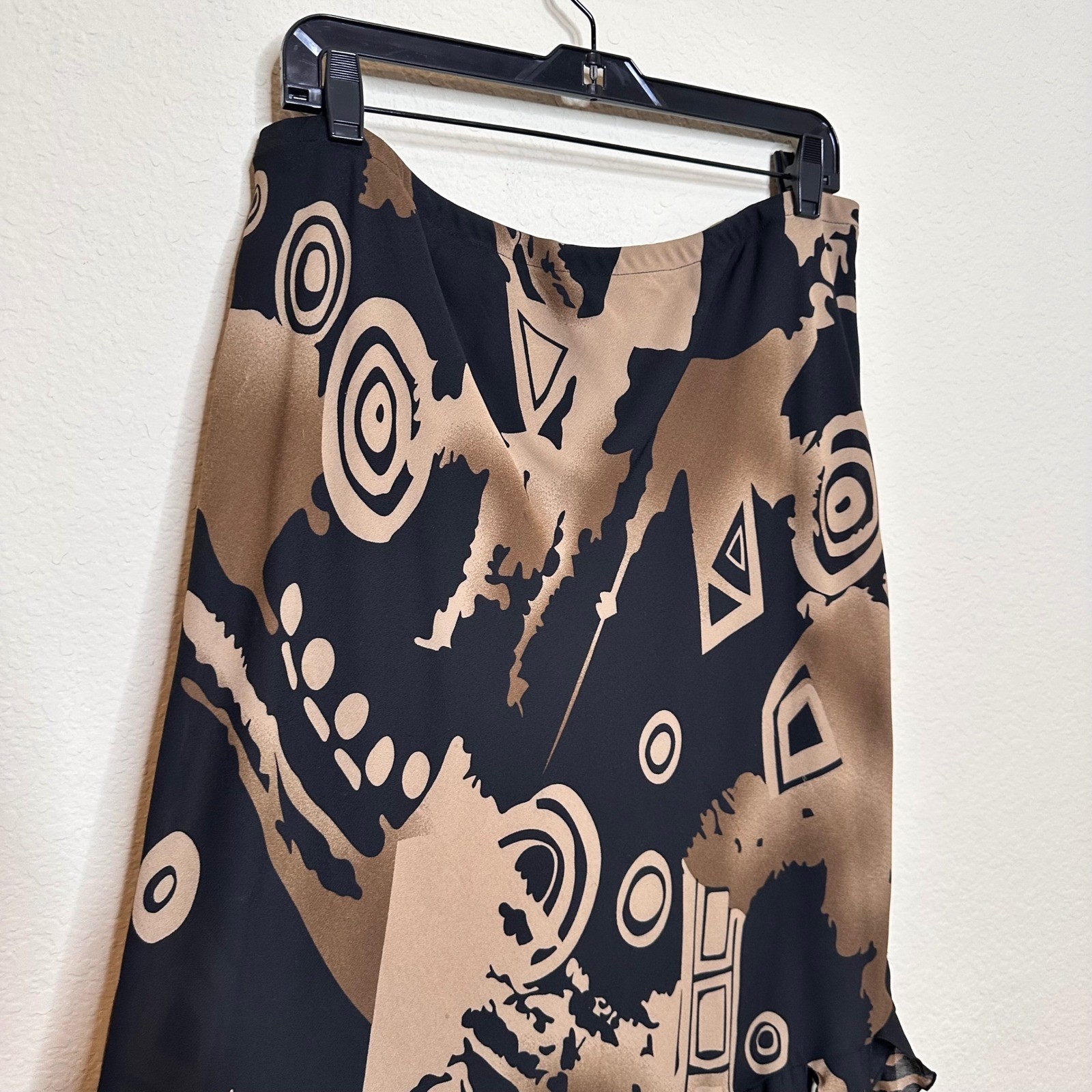 Dress-U-I by Sharon Black Tan Abstract Geometric Fringe Hem Midi Skirt Unique 1X