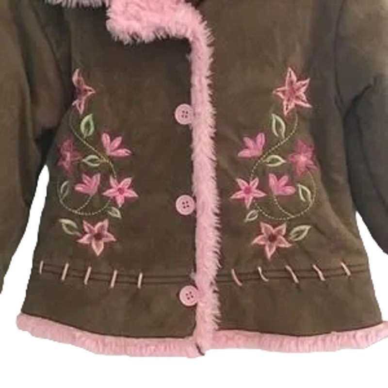 NANETTE LEPORE Floral Embroidered Sherpa Lined Jacket in Brown & Pink GIRLS 5
