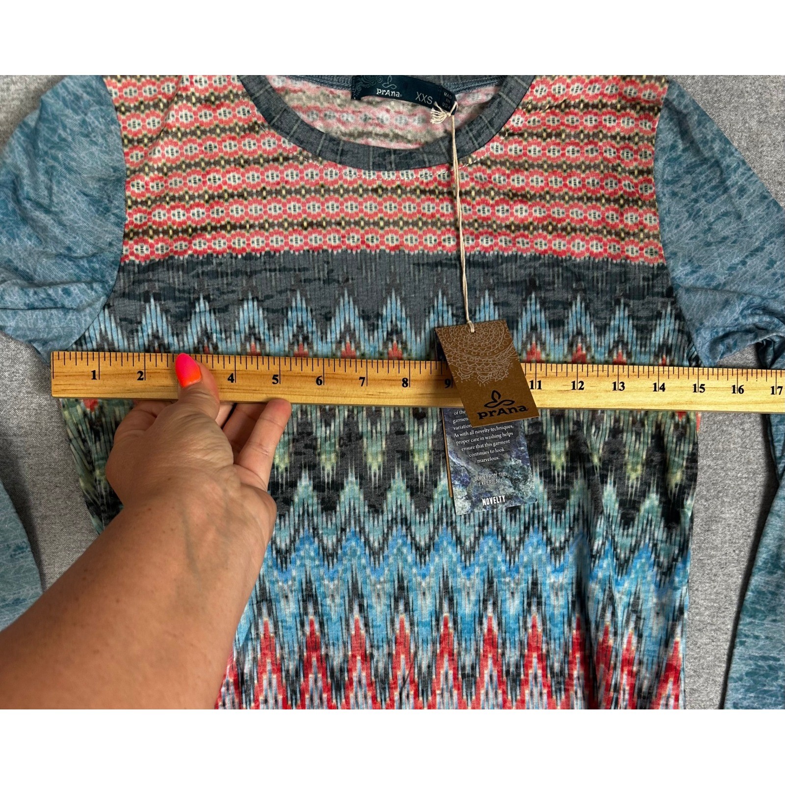 NWT Prana Long Sleeve Top Womens XXS Blue Ikat Geometric Organic Cotton Blend