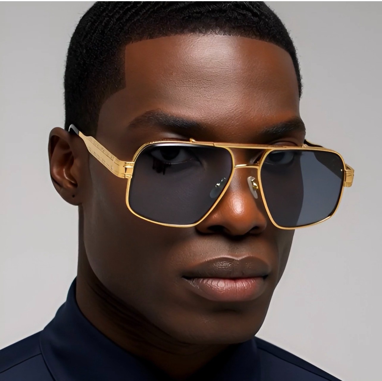 Men Sunglasses Classic Black Lens Square Fashion Design Gold Metal Frame Shades