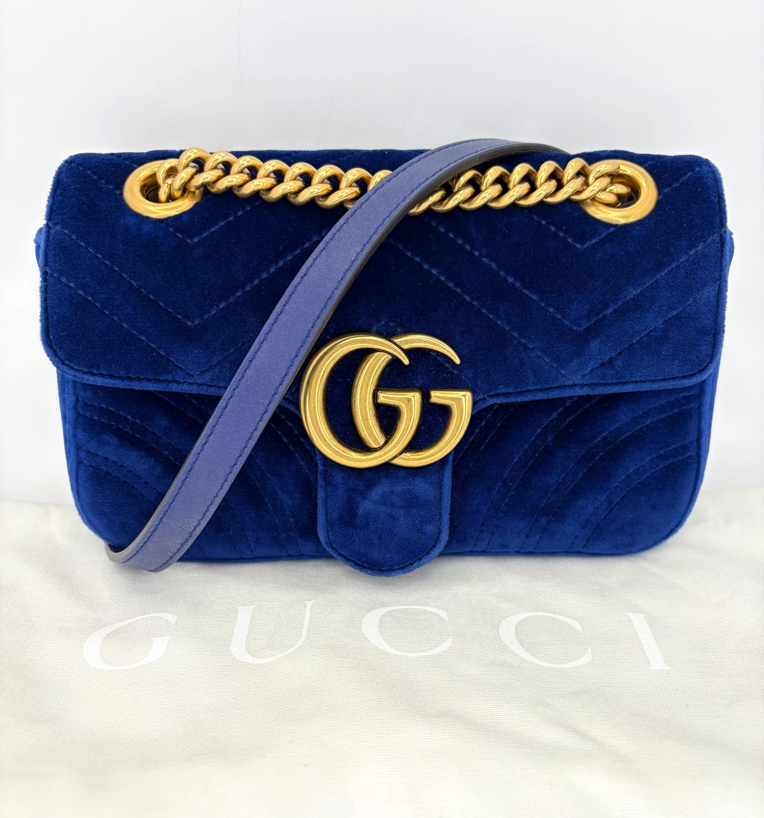 GUCCI Velvet Matelasse Small GG Marmont Crossbody Shoulder Bag Chain Blue Navy