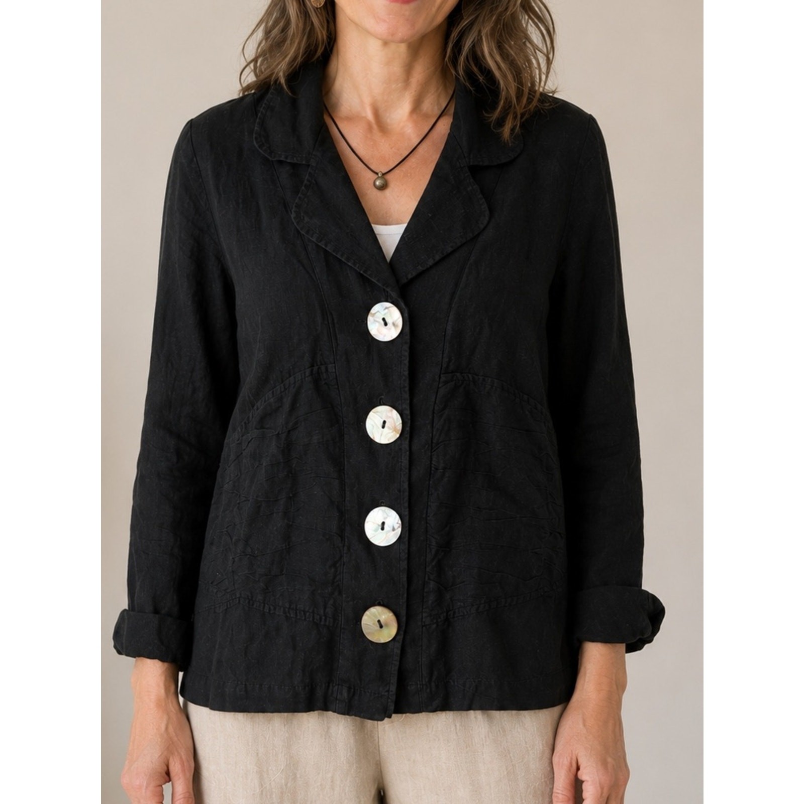 Willow Black 100% Linen Jacket Shell Button Art to Wear Blazer Medium