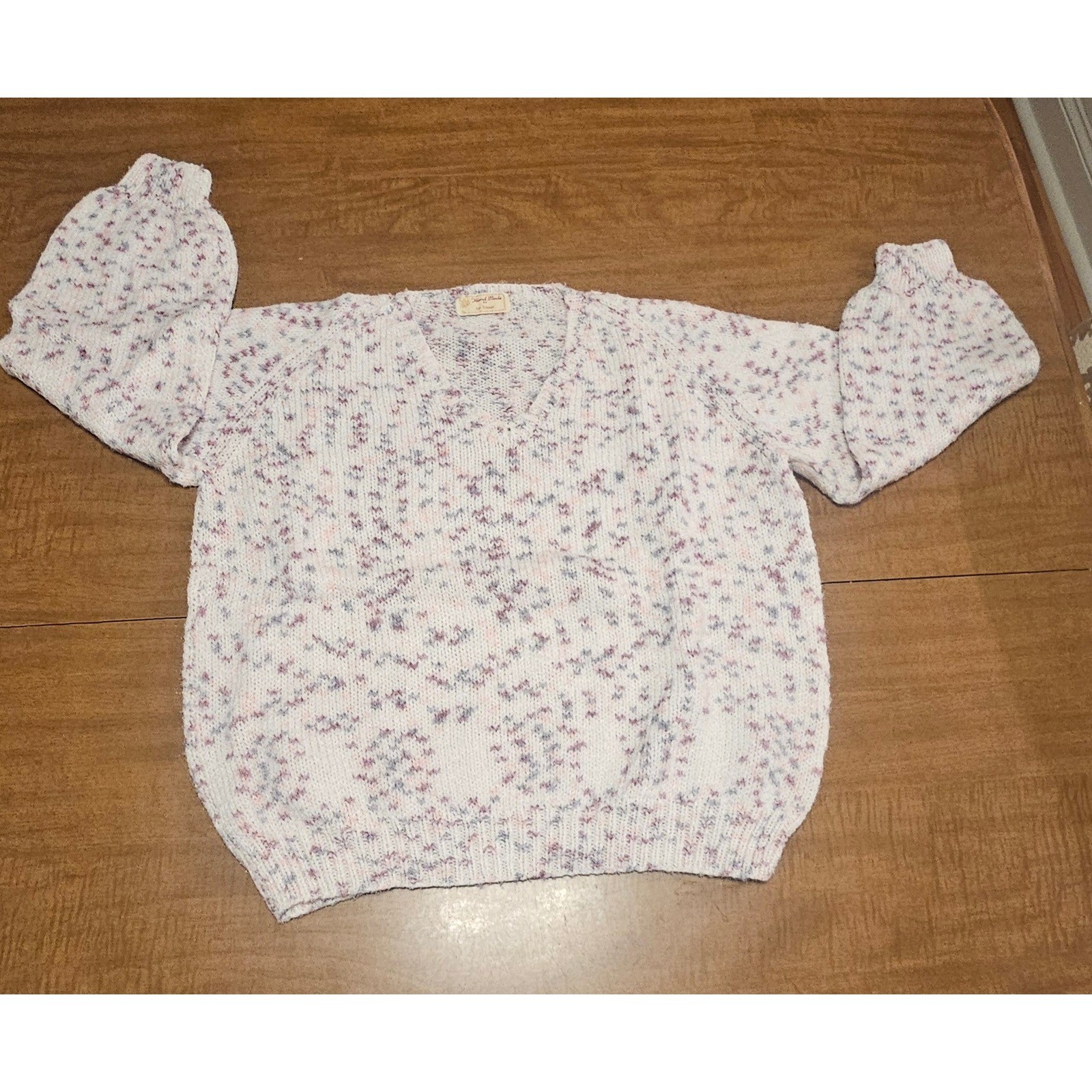 Vntg 80s Homemade Confetti Pastel Flecks V-Neck Knit Sweater M L Puff Sleeves K