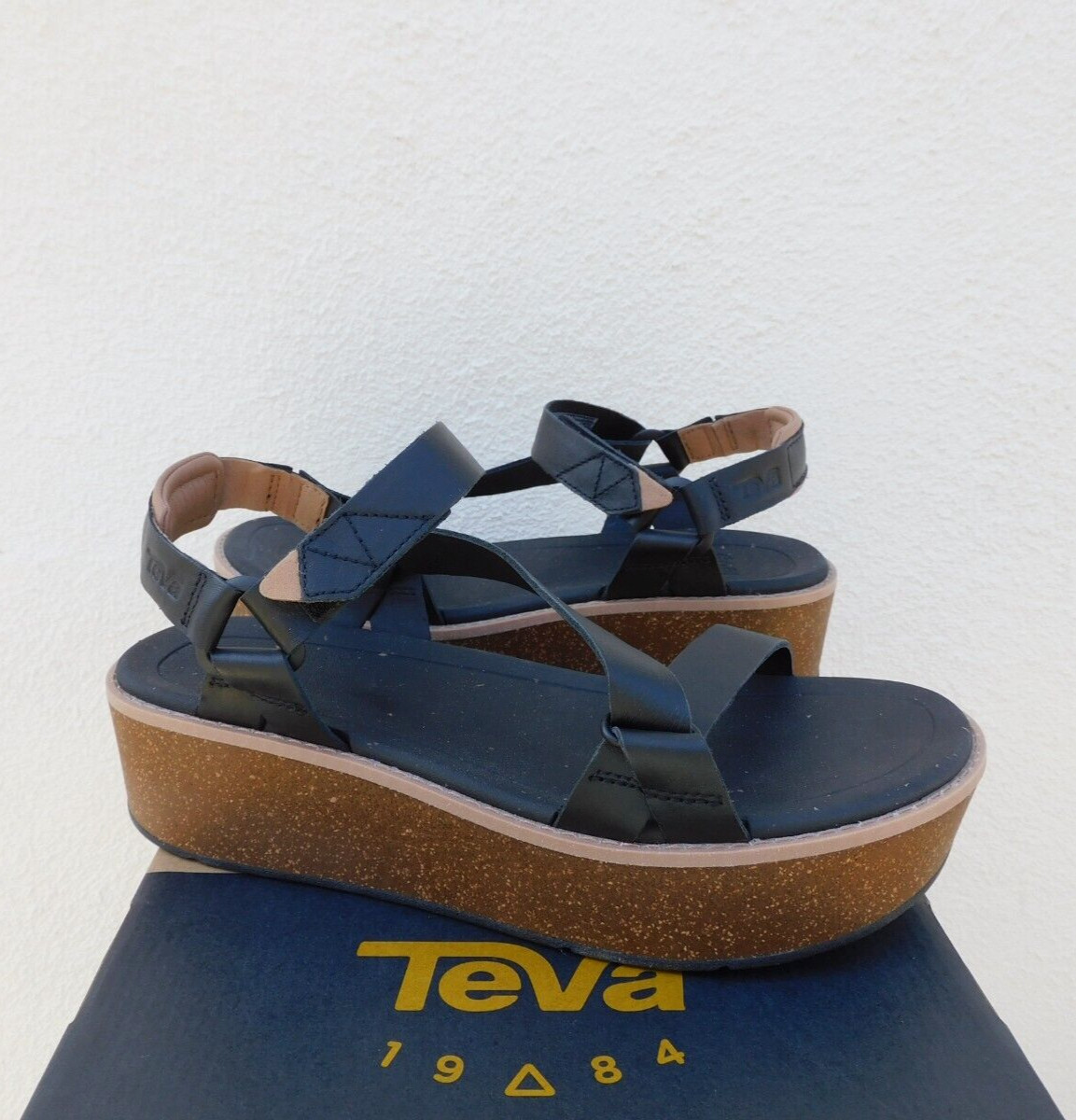 TEVA MADERA BLACK LEATHER PLATFORM WEDGE SANDALS, WOMEN US 10/ EUR 41 ~NEW