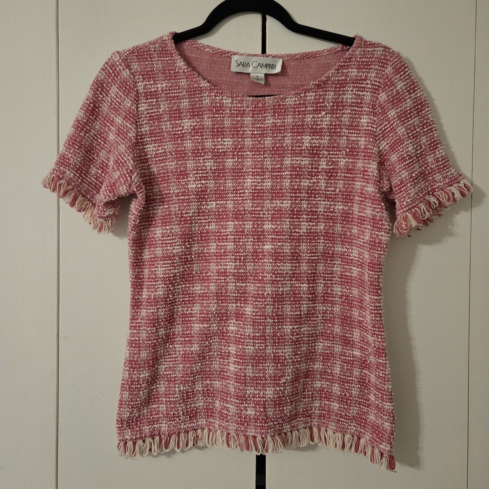 Sara Campbell Plaid Tweed Pink Top Fringe Trim Women’s Sz S Made USA