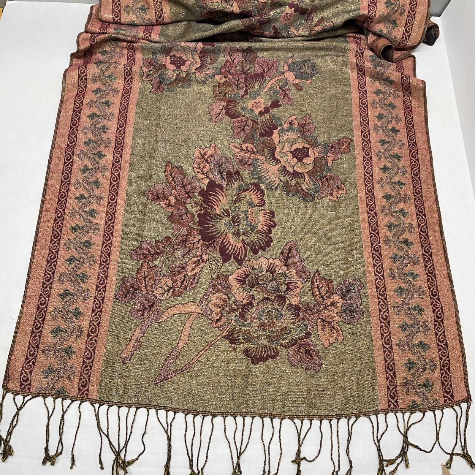Elegant Floral Wrap Fringed Scarf Maroon Gold Black Oblong Rectangle Sparkle 72”