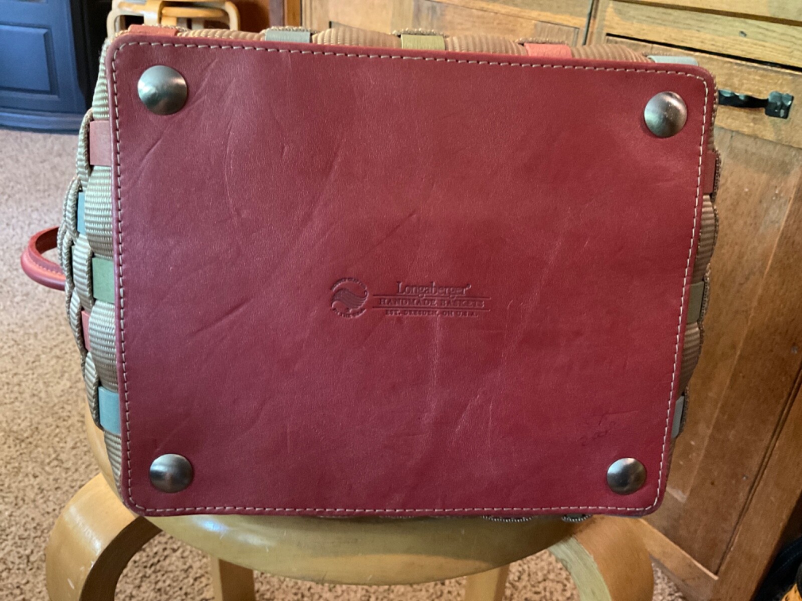 Preowned Longaberger Med.Sized To Go Bag. 17”L x 4”W x 11”H. Coral, green, turq.