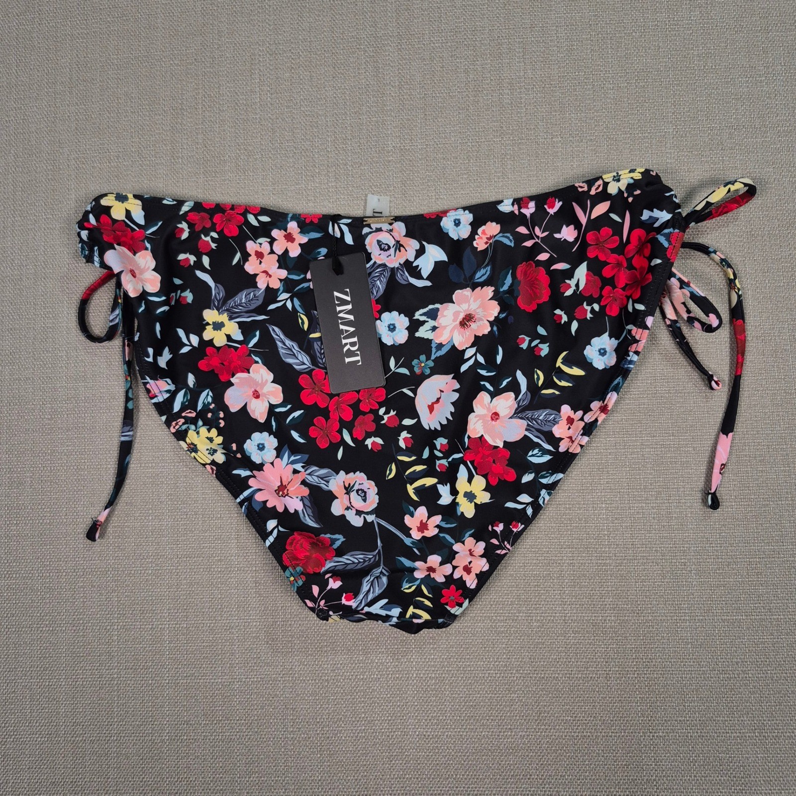 ZMART Womens Floral Side Tie Bikini Bottom Black Multi Color Mid Rise Size Large