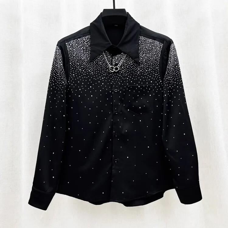Men Luxury Fashion Trend Starry Sky Diamonds Rhinestone Casual Button Down Shirt
