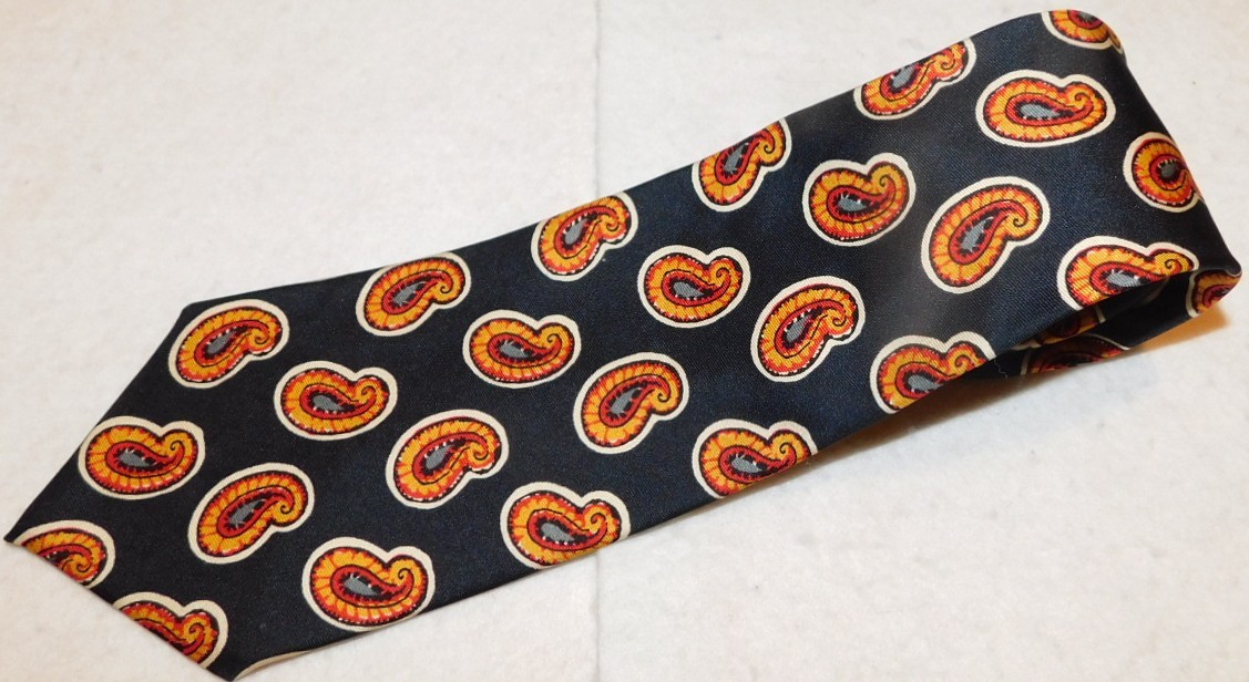 CHRISTIAN DIOR MADE IN U.S.A. BLACK/BROWN/YELLOW/RED PAISLEY TIE – DESIGNER TIES