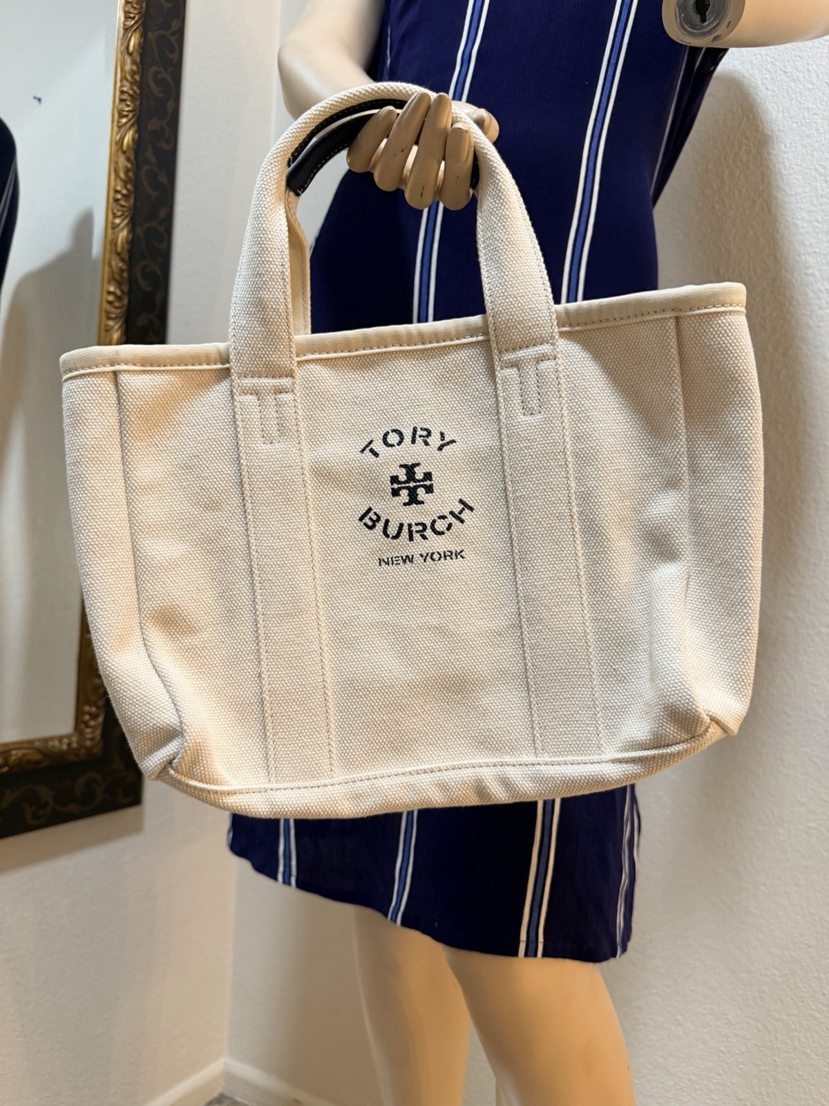 Tory Burch Women’s Beige Canvas Logo Tote Bag Top Handle, Beige Strap