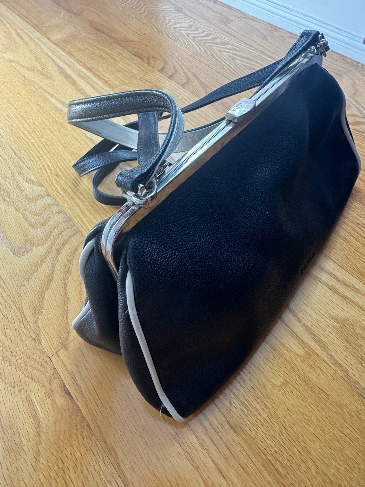 Furla Black/White Small Shoulder Bag Lock Frame Silver Hardware Strap Dust Bag