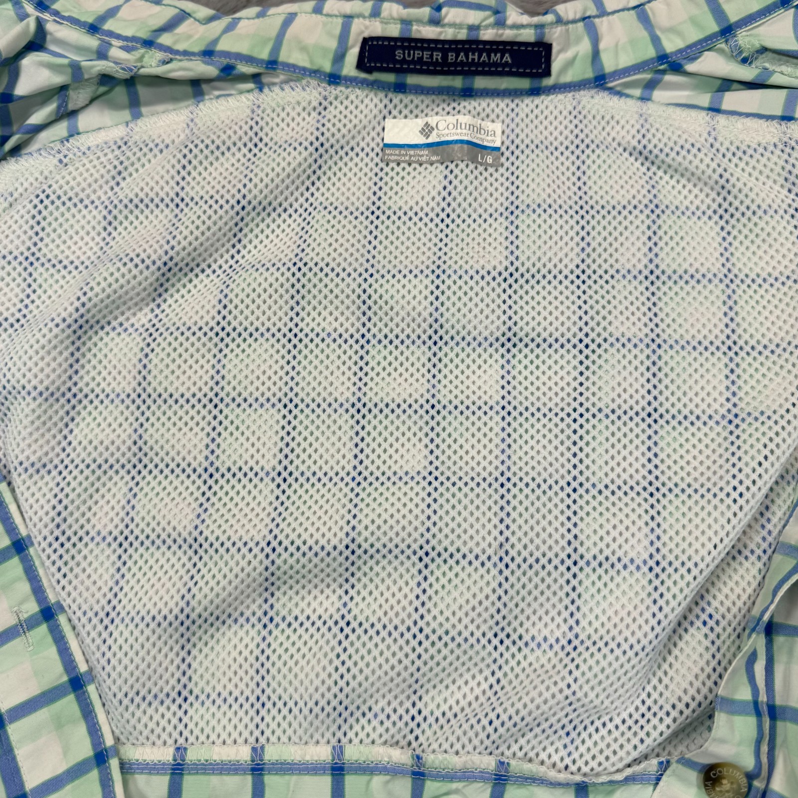 Columbia PFG Super Bahama Button-Down Shirt Women’s L Green Plaid Nylon Fishing