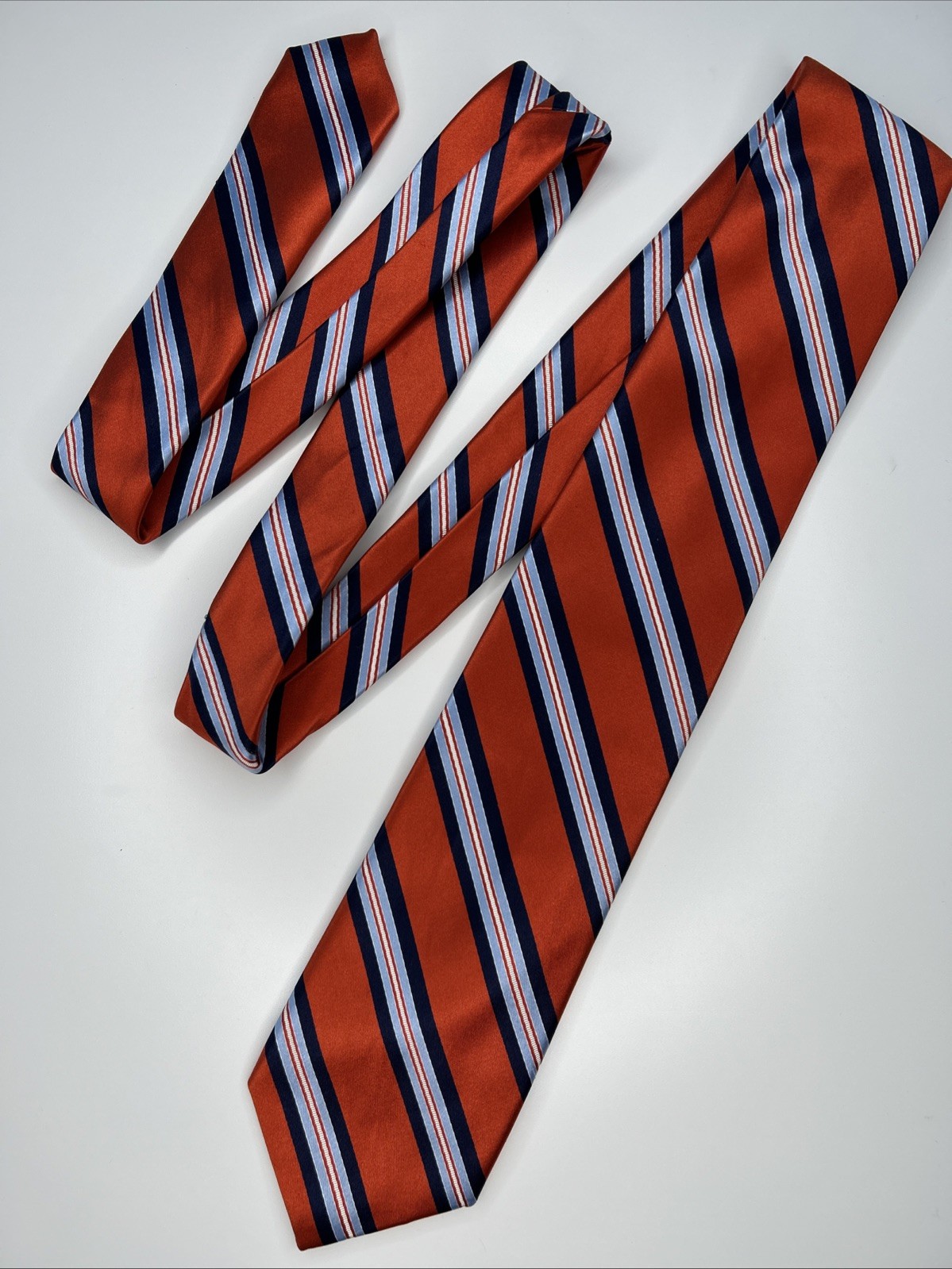 Eagle Men’s Silk Neck Tie Orange & Blue Stripes RN#121148 3.5 In Wide Hand Made