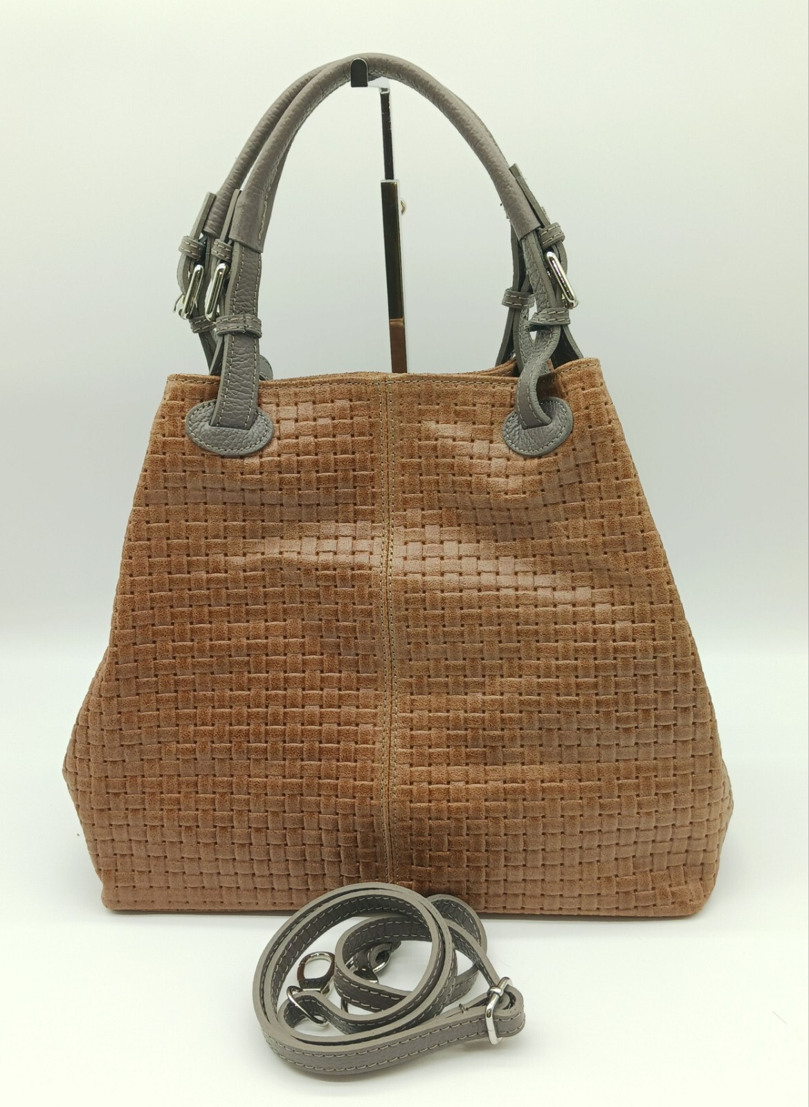 Italian Genuine Leather Shoulder Bag Tote – Made In Italy – Cognac Brown & Taupe