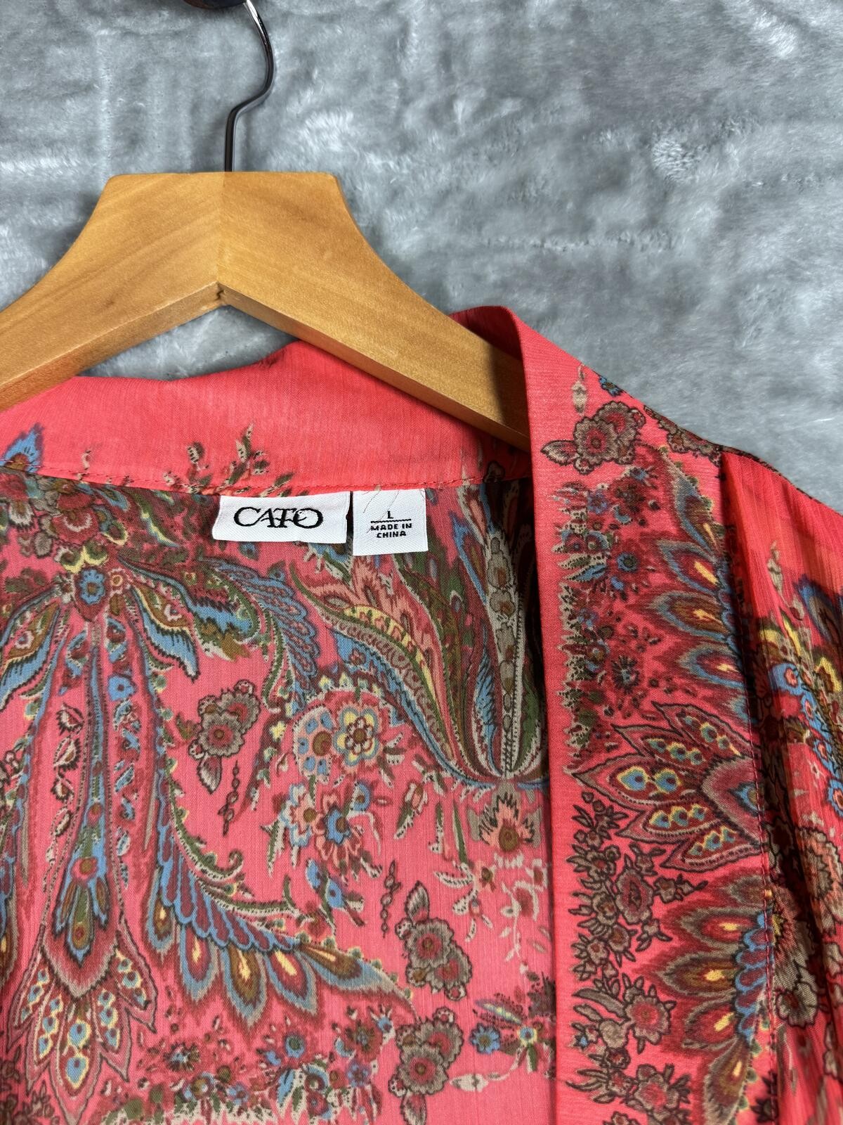 Cato Coral Paisley Print Open Front Cardigan SZ LG