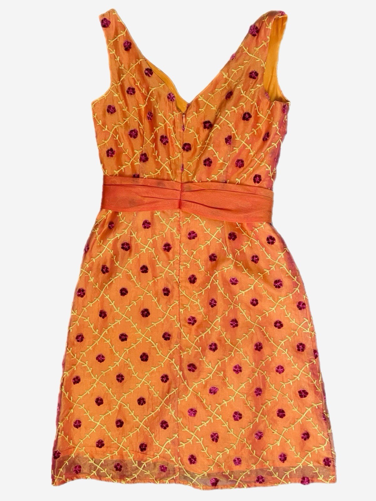 Vintage Y2K Sara Campbell Orange silk embroidered 3D floral midi dress bow 6
