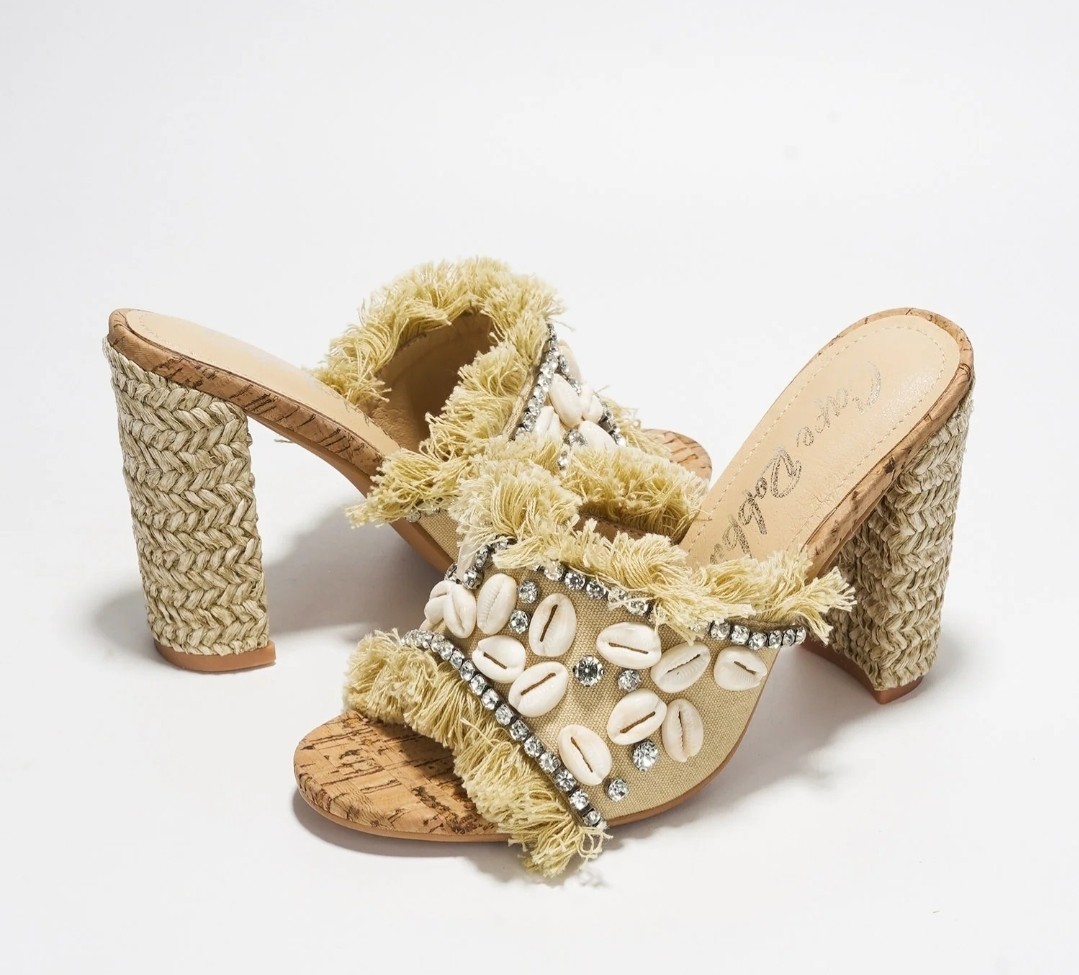 Cape Robbin Beige Fringed Shell & Rhinestone Raffia Block Heel Mule