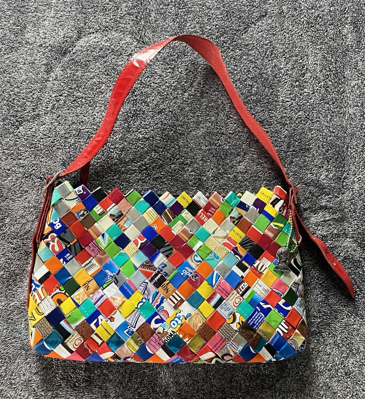 Nahui Ollin Multicolor Woven Shoulder Bag Zip Closure Red Strap Charm Silver