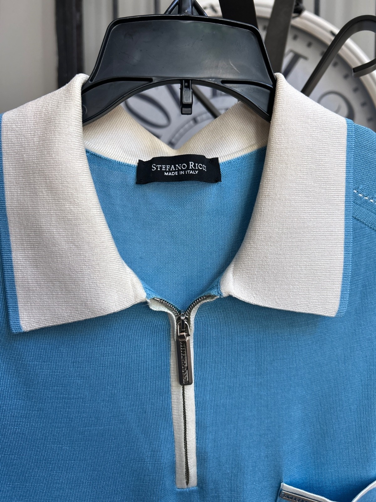 STEFANO RICCI men’s 100% silk quarter zip polo shirt – blue / white – size XL