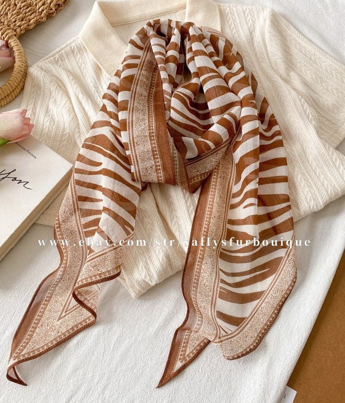 Sallys 100% Mulberry Silk Chiffon Shawl Stripes Print Neckerchief Oblong Scarf