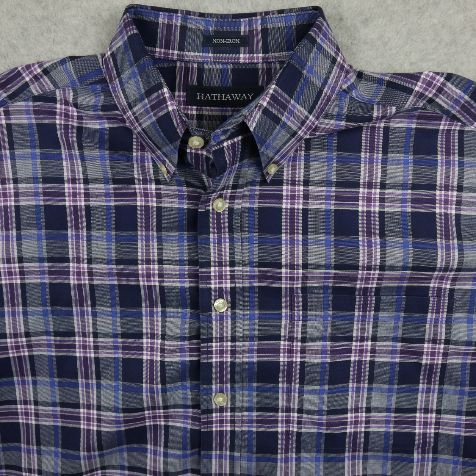 Hathaway Shirt Mens Large Non-Iron Pocket Button Down Purple Plaid Long Sleeve