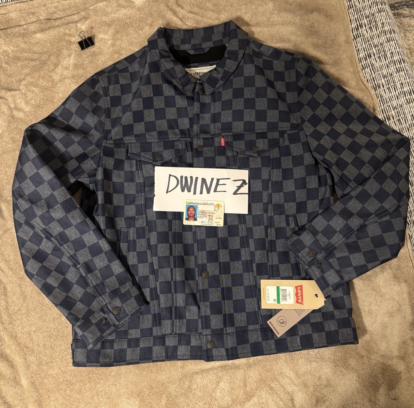 Levis Denim Tucker Jacket Blue Checkered Rare mens Large (black/white tag) NWT