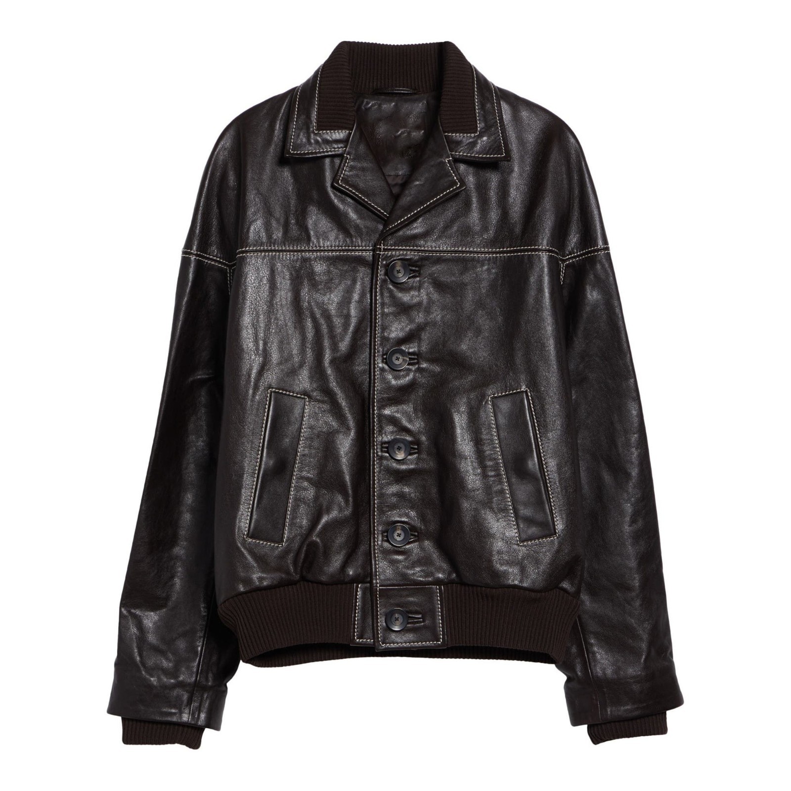 Women’s Real Leather Jacket Dark Brown Button Up Contrast Stitch Biker Coat