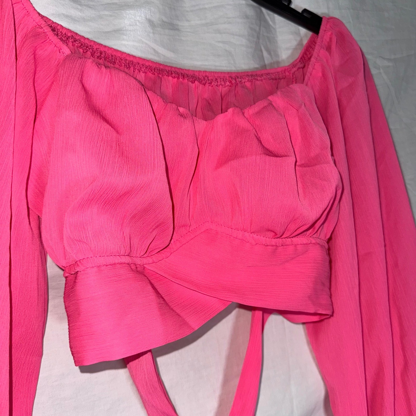 Lyaner Hot Pink Barbie Core Tie Back Crop Top Long Lantern Sleeve Size Medium