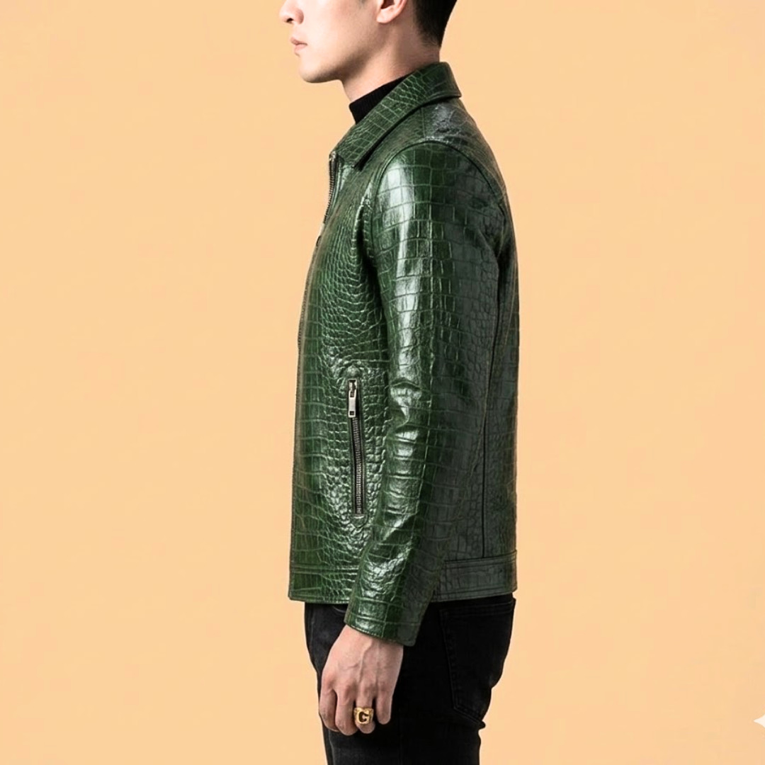 Mens Green Crocodile Leather Jacket Real Embossed Biker Luxury Coat Custom Fit