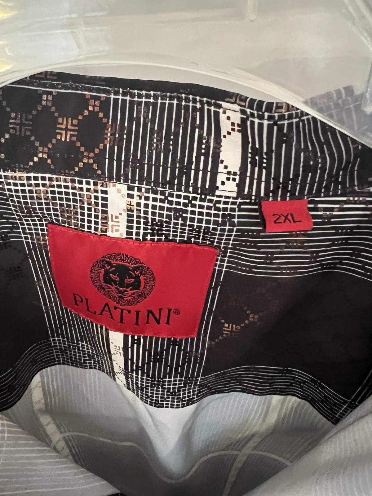Platini Men’s 2XL Check Button-Up Shirt Long Sleeve Stretch Black White Gold