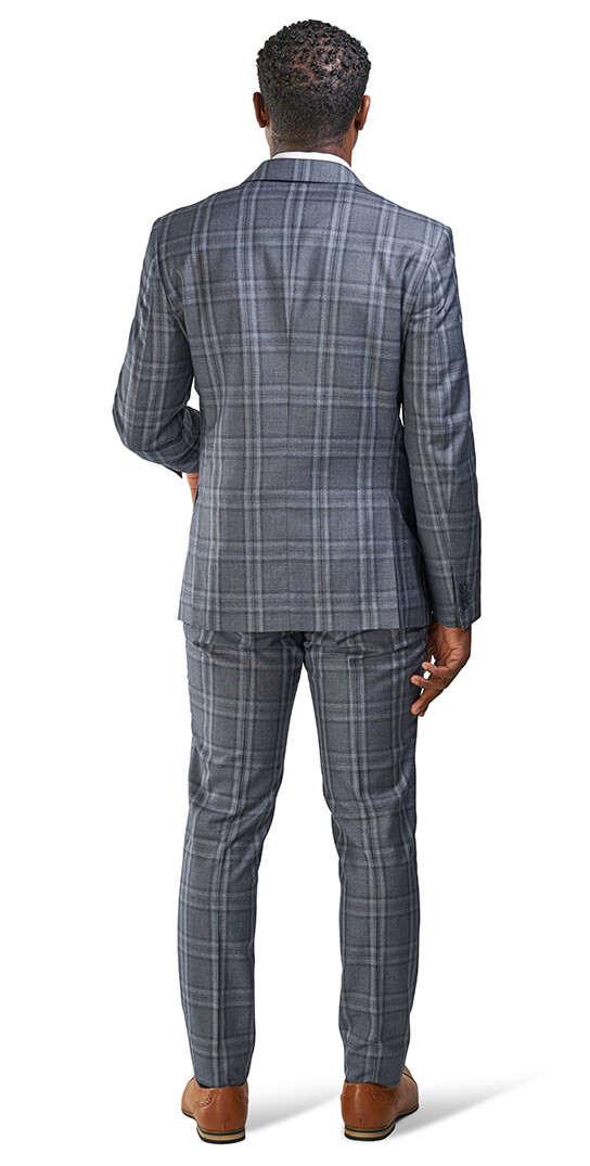 Slim Fit 2 Button Slate Gray Windowpane Plaid Mens Suit Peak Lapel 35071 AZARMAN