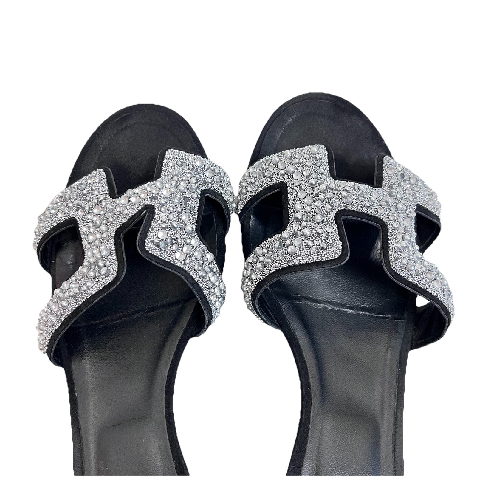 Hermès Oran Crystal Heeled Mule Sandals Black Leather 40 Silver Glitter Heels