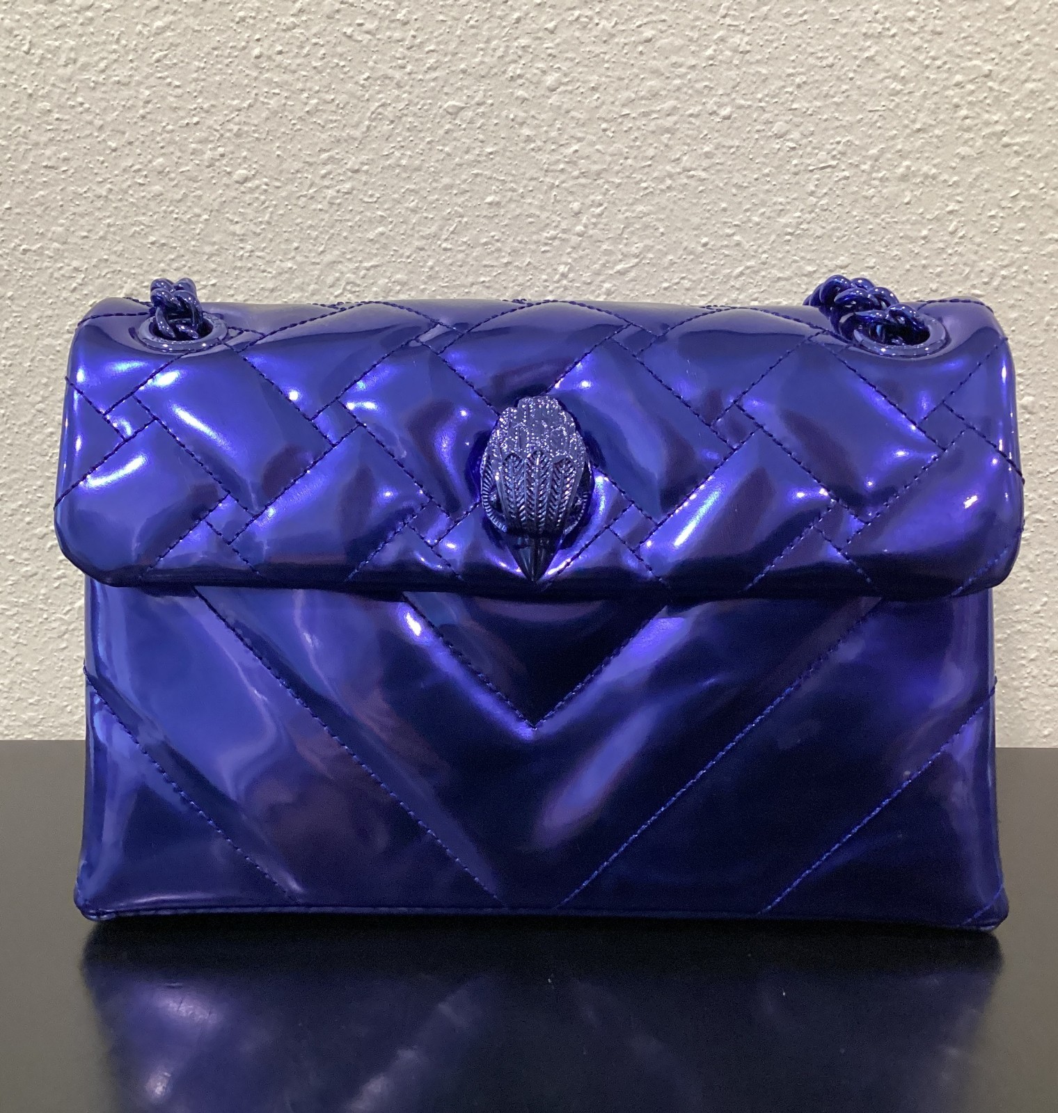 Kurt Geiger Medium Kensington 8.75″ x 5.5″ x 3″ Drench Metallic Leather Blue New