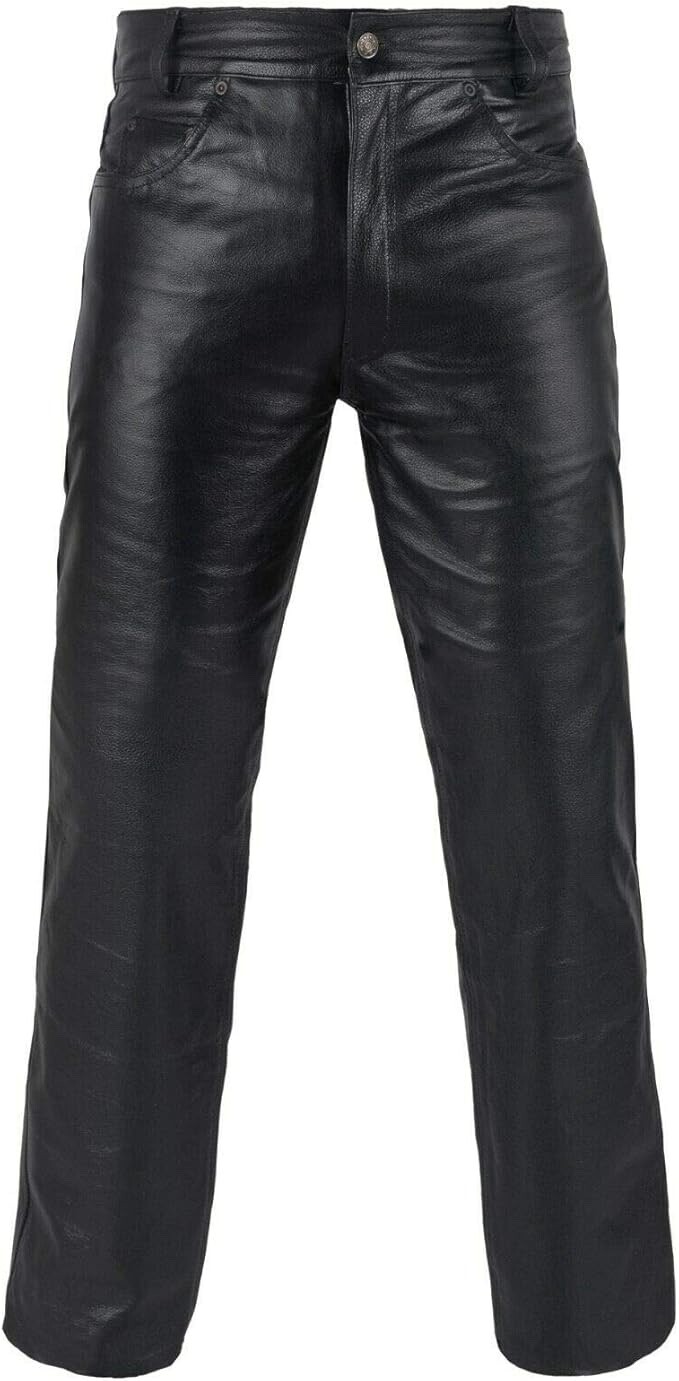 Mens Biker Jeans Real Black Or Cow Leather Sleek And Sexy 501 Style Pants New.