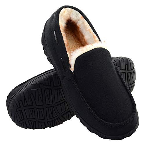Mens Moccasin Slippers Indoor Outdoor Slip on Warm House Shoes 10 Black