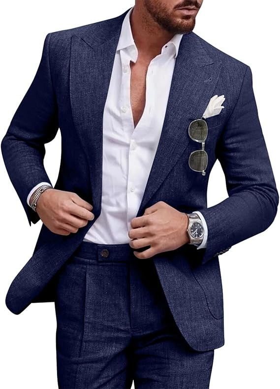 Linen Men’s Suit Set Casual Tuxedo 2 Piece Regular Fit Blazer One Button Jacket